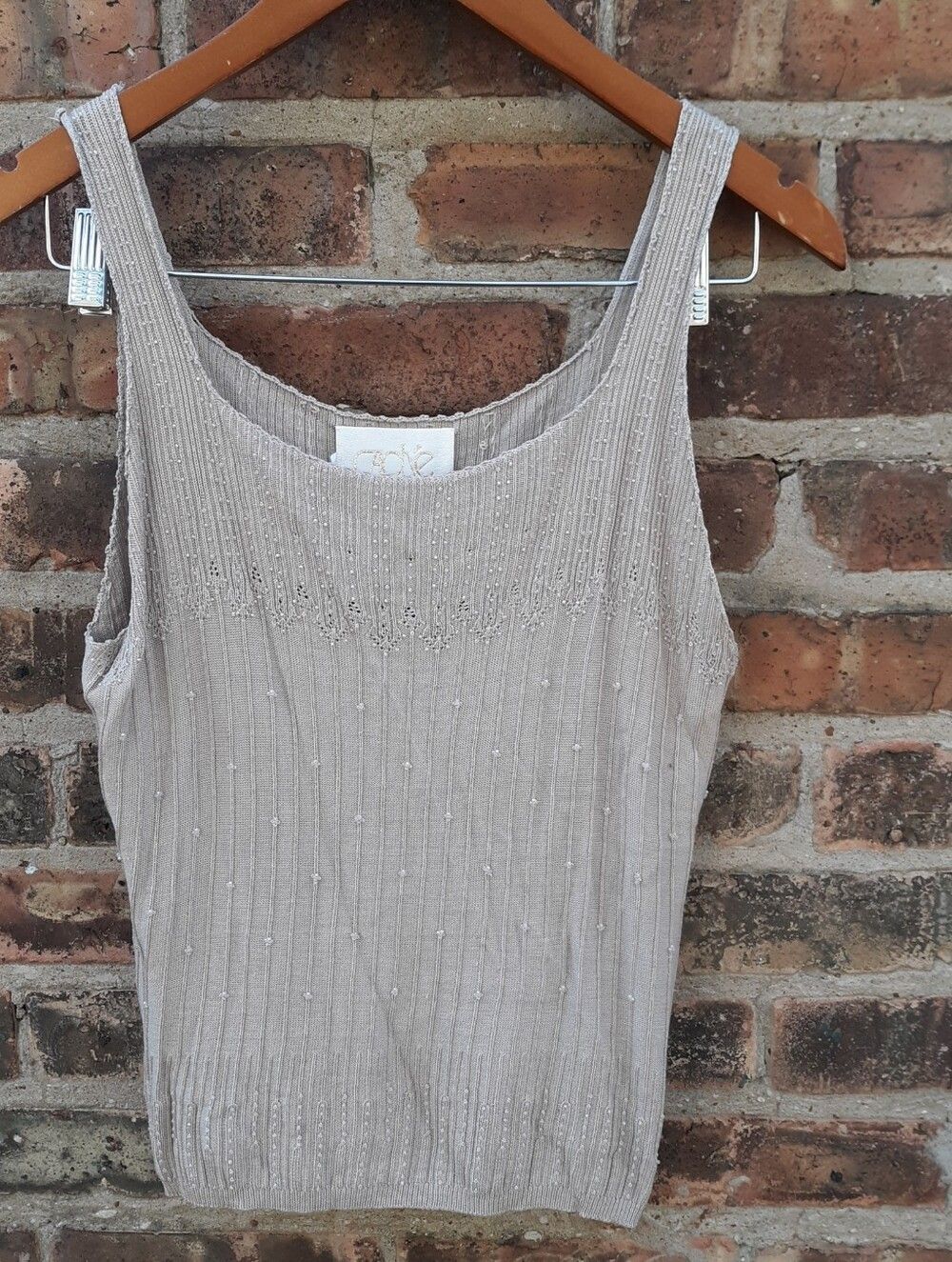 Cache Vintage 100% Silk Super Finely Beaded Shell Tank Tan Medium